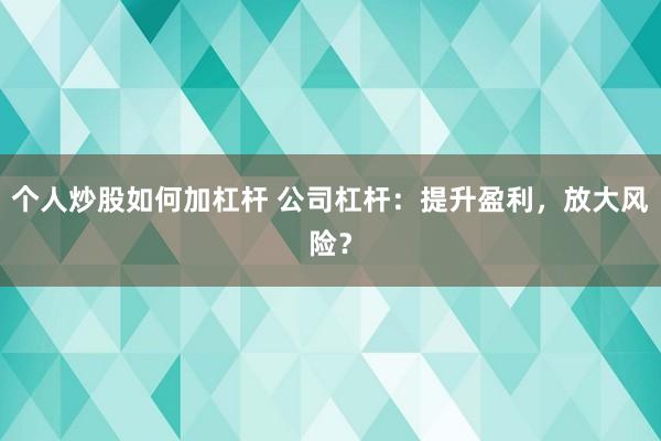 个人炒股如何加杠杆 公司杠杆：提升盈利，放大风险？