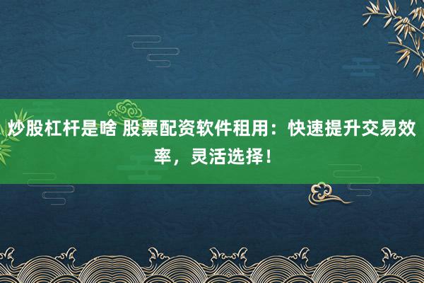 炒股杠杆是啥 股票配资软件租用：快速提升交易效率，灵活选择！
